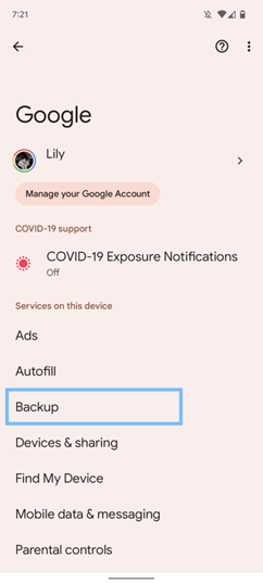 Google account settings on a smartphone screen, showing options like COVID-19 Exposure Notifications, Backup, Devices & sharing, and more.