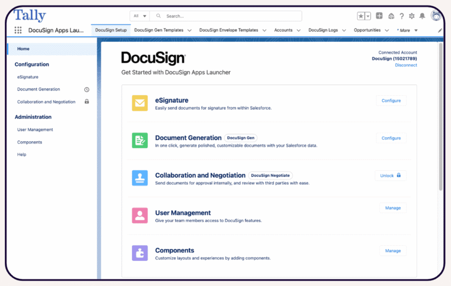 Screenshot of the Tally DocuSign Apps Launcher interface showing options for eSignature, Document Generation, Collaboration and Negotiation, User Management, and Components.