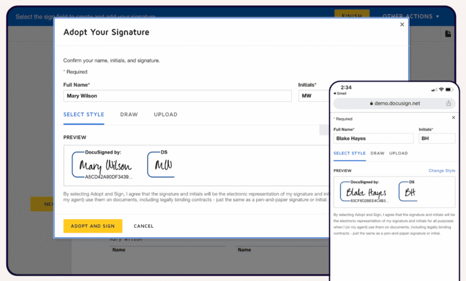 A screenshot showing a digital signature adoption process on a desktop and mobile device. It includes fields for name, initials, and signature style with options to select, draw, or upload.