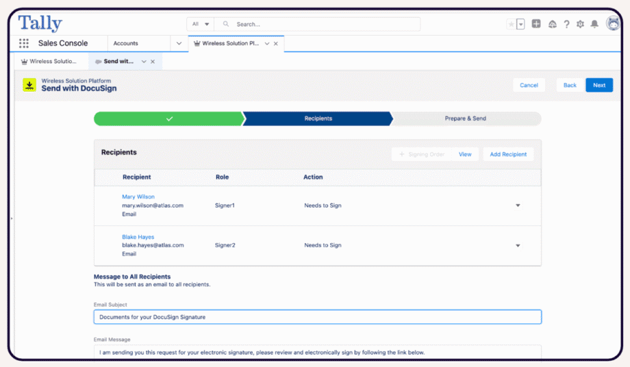 Tally interface showing a DocuSign send screen with recipient details and message box for electronic signatures.