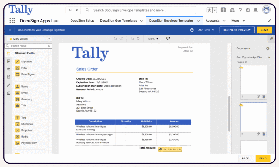 Sales order document displayed in DocuSign interface, showing details like order date, customer name, items, quantities, and total amount of $16,349.22.