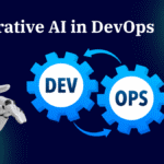 Illustration of robotic hand pointing at interconnected gears labeled "DEV" and "OPS" with "Generative AI in DevOps" text on a dark background.