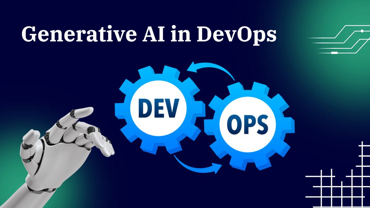 Illustration of robotic hand pointing at interconnected gears labeled "DEV" and "OPS" with "Generative AI in DevOps" text on a dark background.