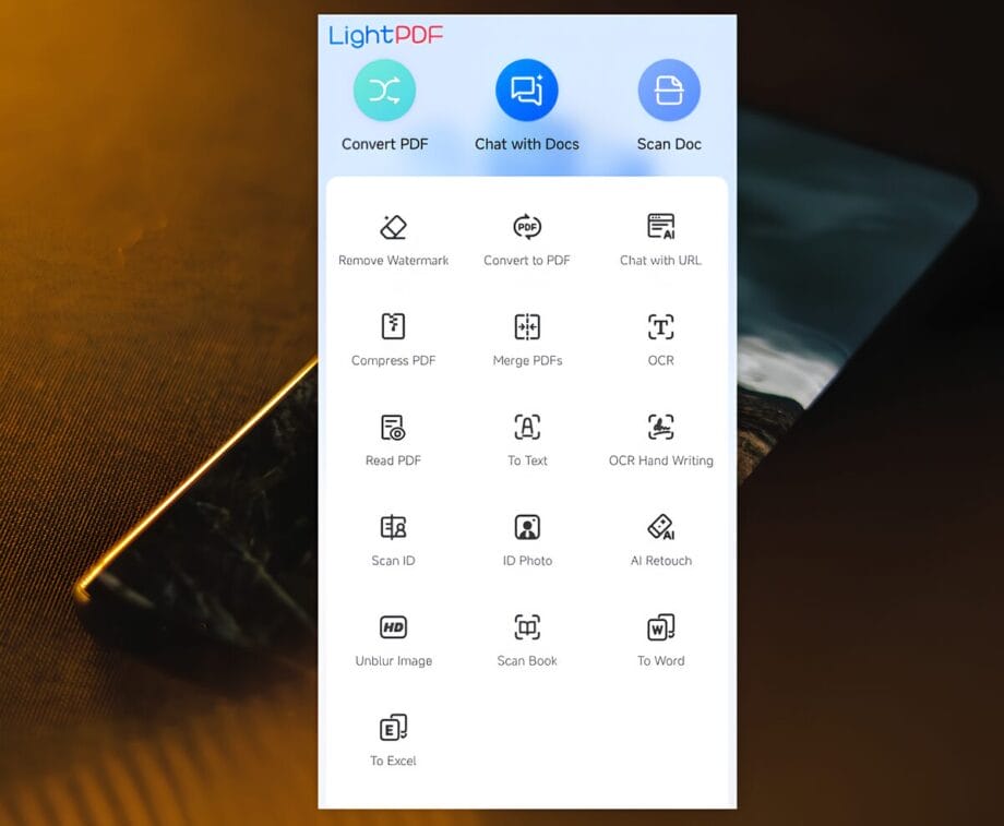 Screenshot of LightPDF app interface displaying options: Convert PDF, Chat with Docs, Scan Doc, and various document processing tools like OCR, Merge PDFs, and Convert to Word and Excel.