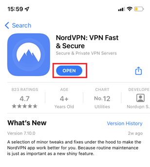 App Store page for NordVPN with an "Open" button highlighted, rated 4.7 stars based on 823 ratings, and suitable for ages 4 and up. Version 7.10.0 features minor tweaks and fixes.