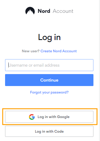 Login page for Nord Account with options to enter a username or email, continue, and log in with Google or a code.