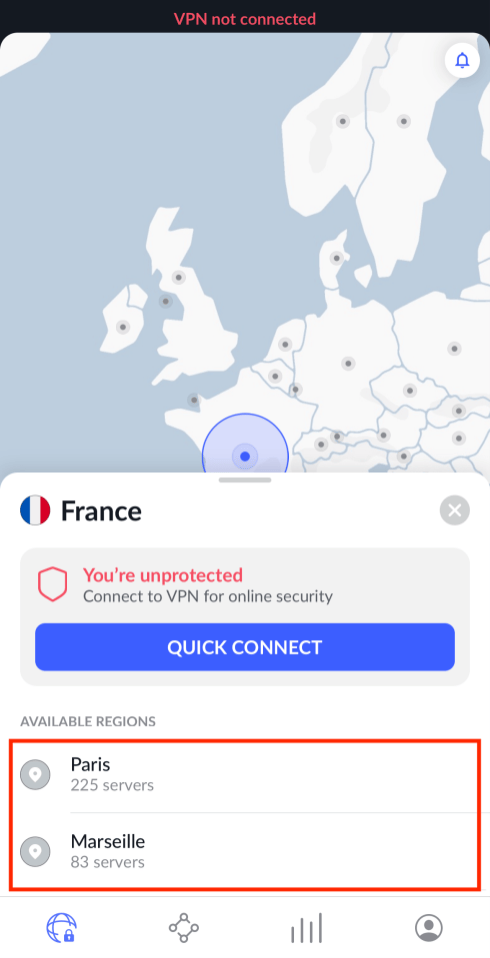 VPN app interface showing a map of Europe. The screen displays that the VPN is not connected, with options to connect in France to Paris or Marseille.