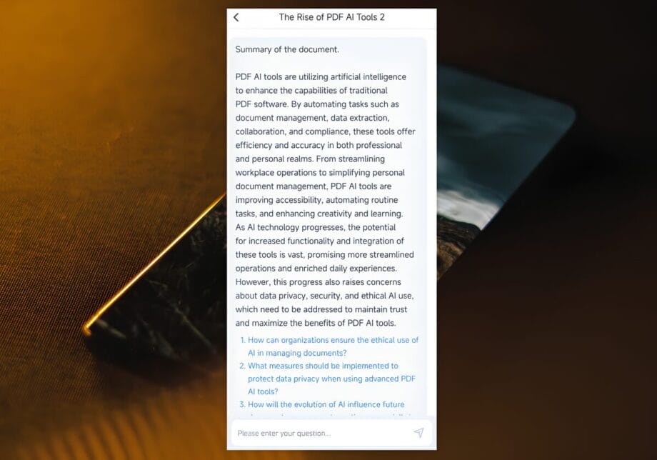 A smartphone displaying a text document about PDF AI tools, discussing automation, ethical use, and future advancements.