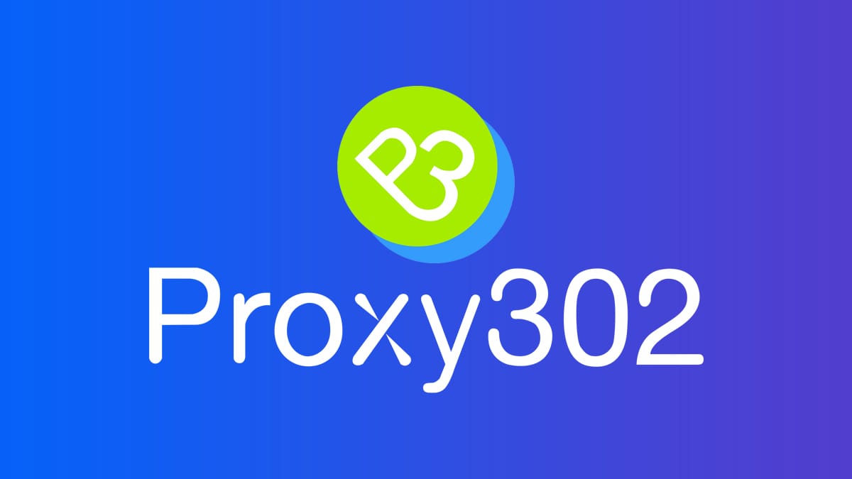 Logo with a green circle containing "P3" above the text "Proxy302" on a blue and purple gradient background.