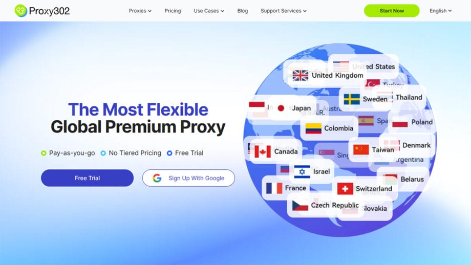 Website homepage for Proxy302 featuring a world map with flags and locations, highlighting global proxy services. Options include free trial and sign-up choices.