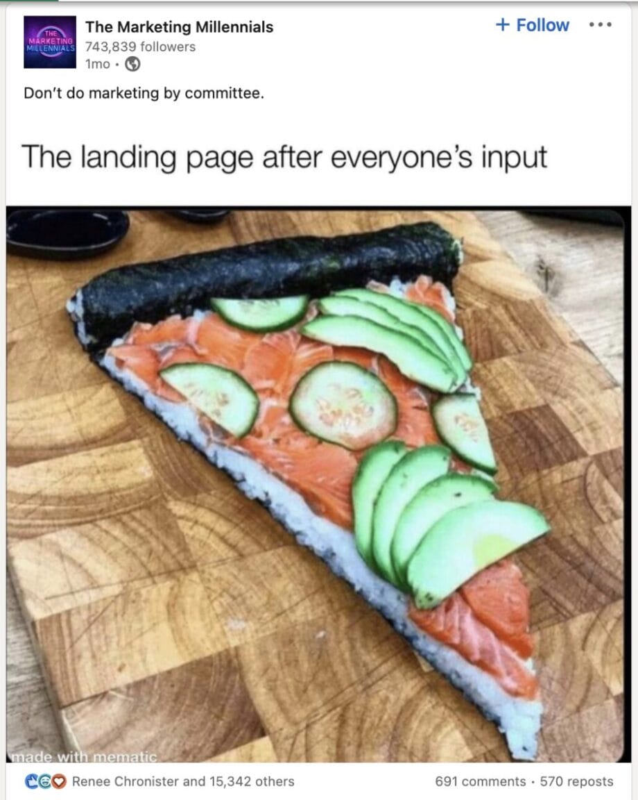 A slice of sushi pizza with rice, raw salmon, cucumber, and avocado, topped with a seaweed strip.