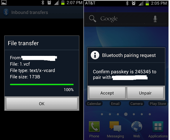 Screenshot showing a file transfer completion and a Bluetooth pairing request on two Android devices. The left shows a completed VCF file transfer, the right prompts for a passkey confirmation to pair.