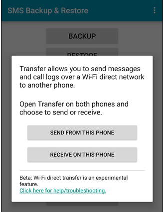 Screenshot of an SMS Backup & Restore app showing options to send or receive messages and call logs over Wi-Fi direct. Buttons: "Send from this phone" and "Receive on this phone.