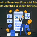 Illustration of a person pointing to a mobile screen displaying "Financial Advisory ASP.NET." Surrounded by charts and coins, the background includes text on building an app with cloud services.