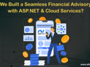 Illustration of a person pointing to a mobile screen displaying "Financial Advisory ASP.NET." Surrounded by charts and coins, the background includes text on building an app with cloud services.