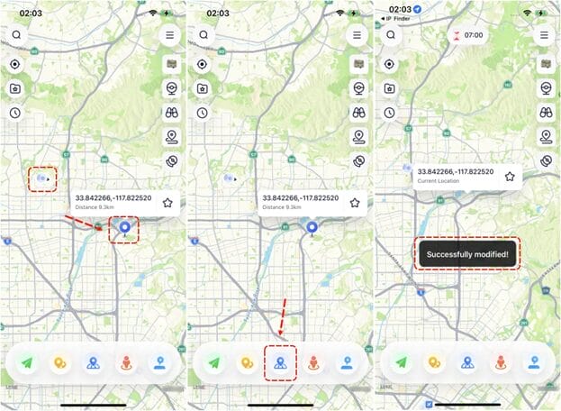 Three screenshots of a map app showing location modification steps. First: a marker. Second: a cursor moves a location. Third: "Successfully modified!" message. Time at the top is 02:03.