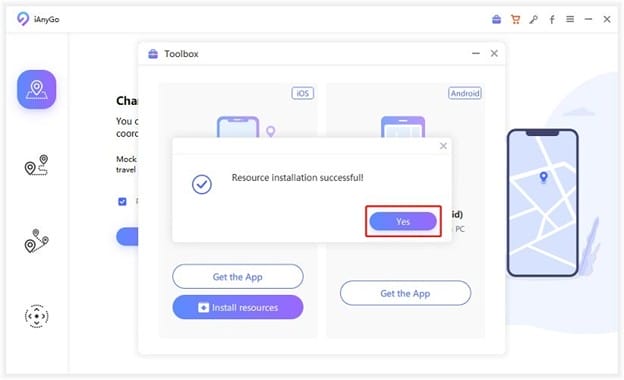 Software window showing a successful resource installation message with a "Yes" button highlighted, on a screen with iOS and Android app options.