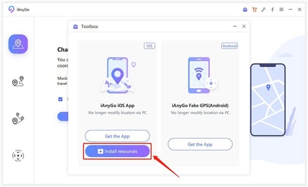 Screenshot of a toolbox interface with options for "iAnyGo iOS App" and "iAnyGo Fake GPS(Android)." An arrow points to a highlighted "Install resources" button.