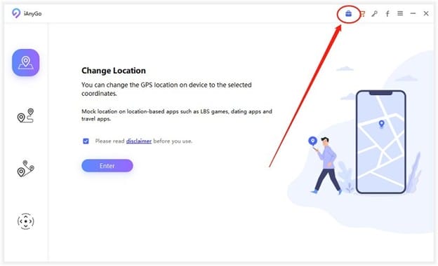 Screenshot of a software interface showing "Change Location" feature with a map graphic. An arrow points to a cloud icon in the upper right corner.