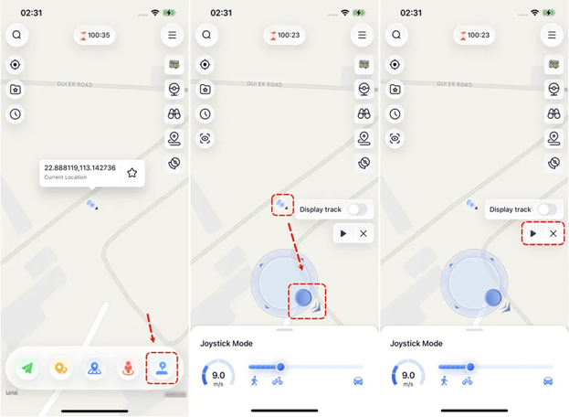 Map interface showing joystick mode with GPS coordinates and speed indicators, allowing user to display track and navigate using on-screen controls.