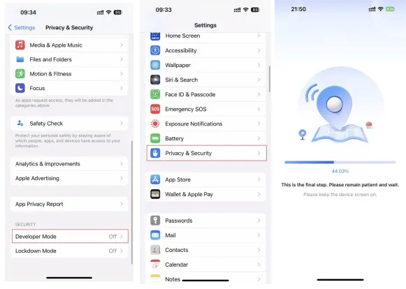 Three sequential smartphone screens showing the process to enable Developer Mode via Settings under Privacy & Security. The final screen displays progress in enabling the mode.