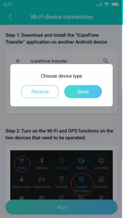 Screenshot of a device connection app showing instructions for transferring data via Wi-Fi. Options to "Receive" or "Send" data are displayed, with Wi-Fi and GPS settings highlighted below.