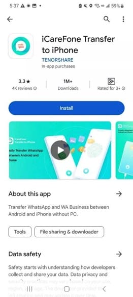 Screenshot of iCareFone Transfer to iPhone app page on Google Play Store, showing app details, a 3.3-star rating, and installation option.