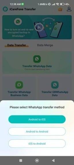 A smartphone screen showing the iCareFone Transfer app interface with options to transfer WhatsApp data between Android and iOS devices.