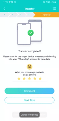 Transfer complete screen with a checkmark, instructions to restart and log in to "WhatsApp," a smiling emoji, a 5-star rating, and options to comment or proceed to the next step.