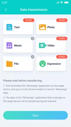 Data transfer interface with options for Text, Photo, Music, Video, File, and Expression. Each shows the number 76,902. Instructions for app download and data deletion are included.