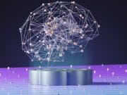 Abstract digital structure resembling a brain composed of interconnected nodes, displayed on a circular platform with a gradient purple background.