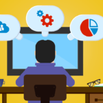 Person at a desk facing a computer. Thought bubbles display icons of a cloud network, gear, and pie chart. Nearby are a mug, glasses, and a book.