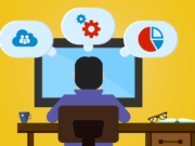 Person at a desk facing a computer. Thought bubbles display icons of a cloud network, gear, and pie chart. Nearby are a mug, glasses, and a book.