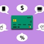 A credit card surrounded by icons representing a smartphone, dollar sign, computer, beverage, and clothing on a purple background.