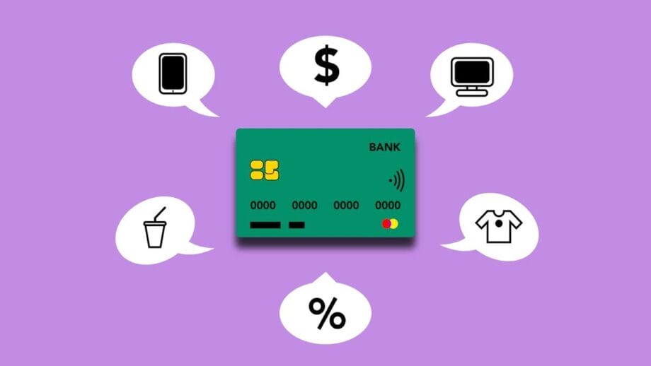 A credit card surrounded by icons representing a smartphone, dollar sign, computer, beverage, and clothing on a purple background.