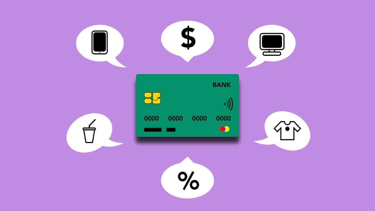 A credit card surrounded by icons representing a smartphone, dollar sign, computer, beverage, and clothing on a purple background.