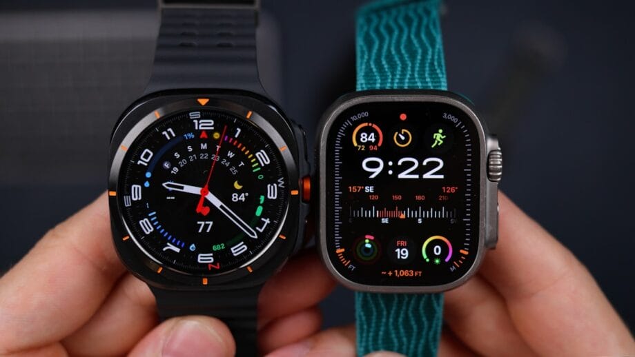 Two smartwatches being compared; the left one has a black strap and red watch face details, the right one has a green strap and shows health metrics.