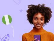 A person smiling while holding a smartphone, set against a purple background with whimsical graphics like a rocket and geometric shapes.