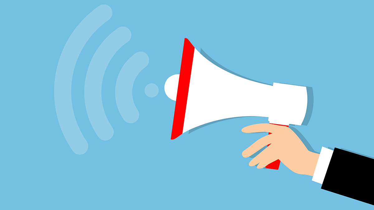 Illustration of a hand holding a red and white megaphone emitting sound waves against a blue background.