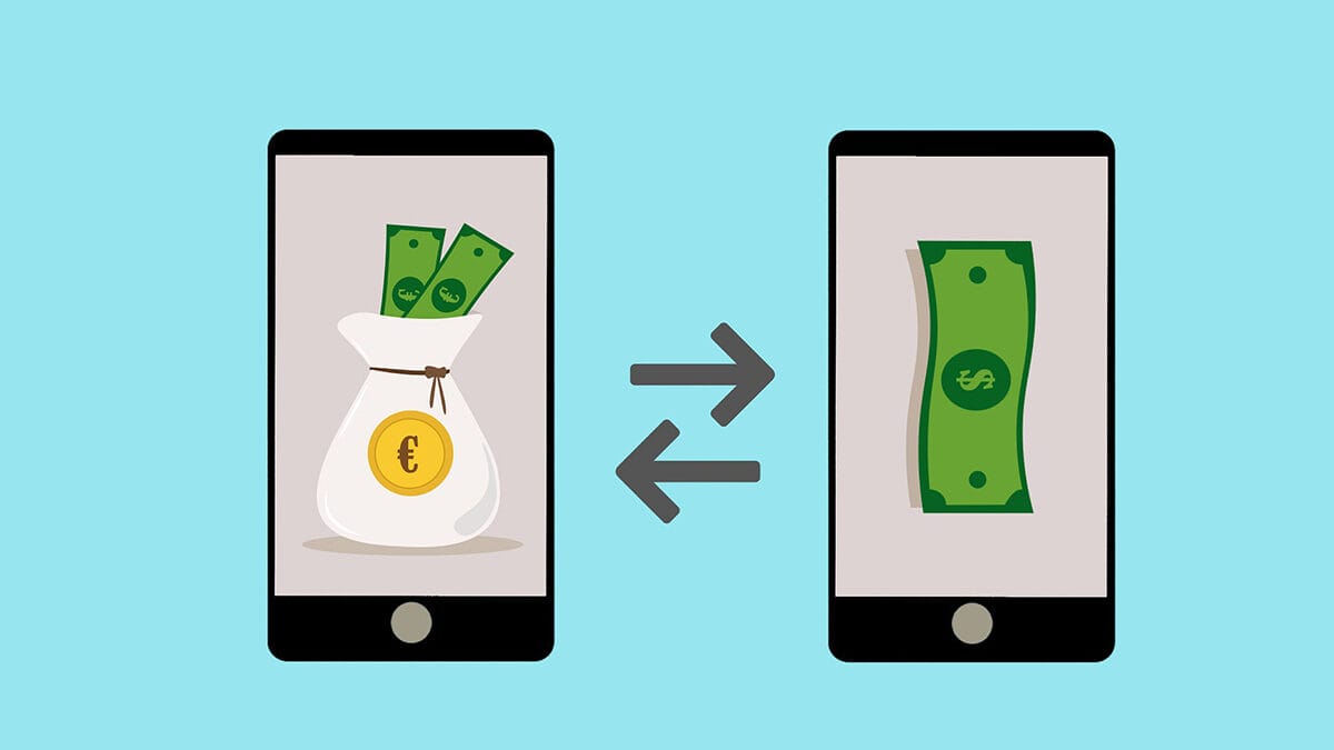 Illustration of two smartphones showing money exchange, with arrows indicating currency conversion between euros and dollars.