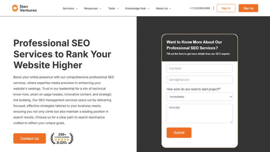 Stan Ventures SEO services webpage with company logo, description of services, and contact form on the right. Text highlights expertise in website ranking and offers a consultation request option.