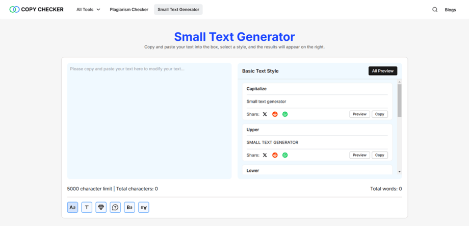 A webpage displaying a Small Text Generator by Copy Checker, featuring options for basic text style adjustments and text input box.