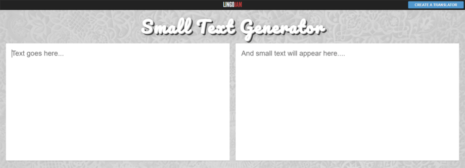 Screenshot of a Small Text Generator website with two text boxes: one for input and one labeled where the generated small text will appear.