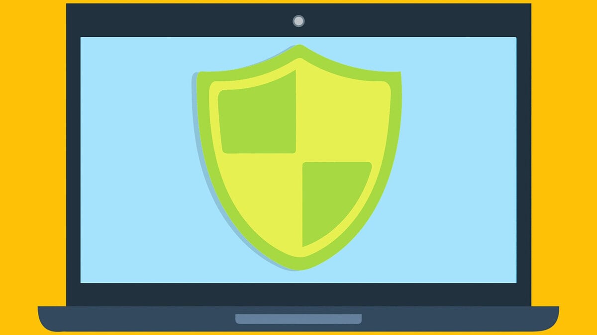 Illustration of a laptop displaying a large green shield on its screen against a blue and yellow background.