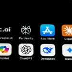 Smartphone screen with eight app icons, including Character.AI, Perplexity, App Store, Claude, Copilot, ChatGPT, DeepSeek, and Gemini.