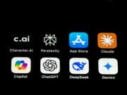 Smartphone screen with eight app icons, including Character.AI, Perplexity, App Store, Claude, Copilot, ChatGPT, DeepSeek, and Gemini.