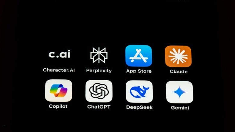 Smartphone screen with eight app icons, including Character.AI, Perplexity, App Store, Claude, Copilot, ChatGPT, DeepSeek, and Gemini.
