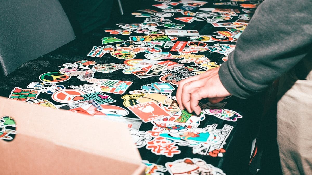 Hand reaching for colorful stickers spread on a black tablecloth, with a cardboard box partially visible.