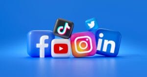 3D icons of Facebook, TikTok, Twitter, YouTube, Instagram, and LinkedIn on a blue background.