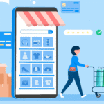 Illustration of a person with a shopping cart in front of a giant smartphone displaying an online store, with boxes and payment icons around.